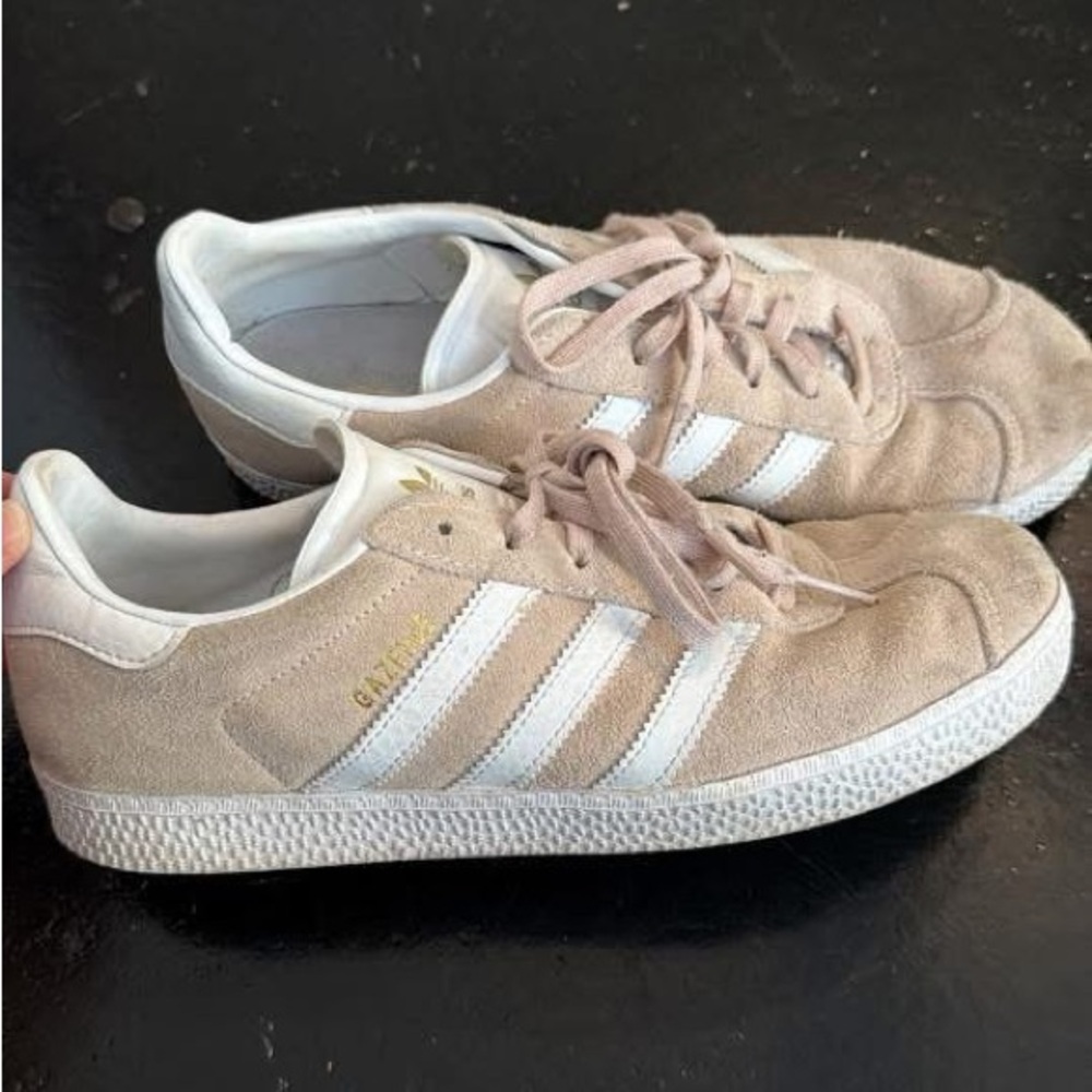 Adidas Tan and White Suede Sneakers
